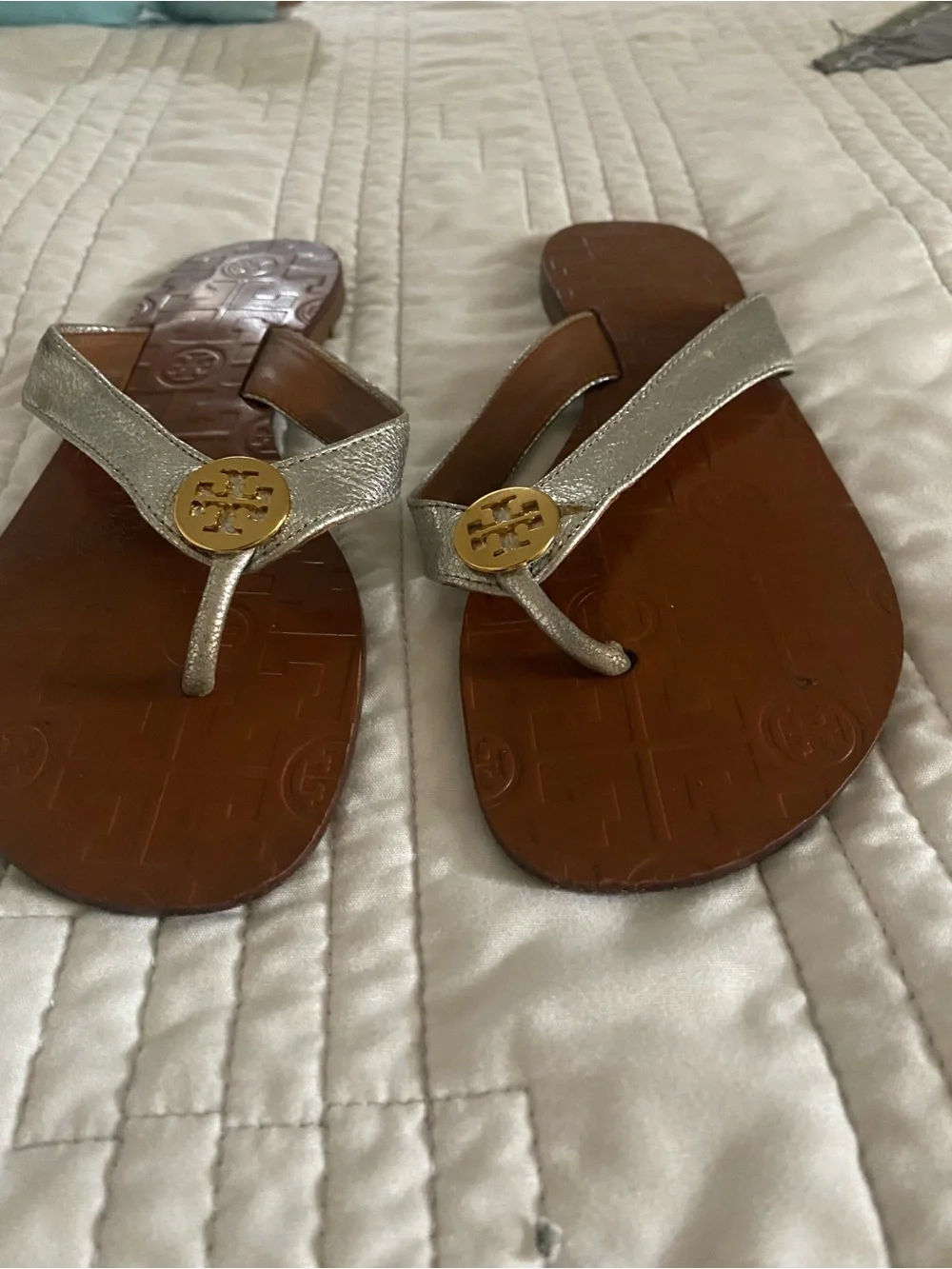 Tory Burch Silver and Brown Logo Thong Sandals